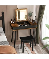 Skonyon Vanity Table Set with Flip Top Mirror Lights Usb Writing Desk and Stool-Brown