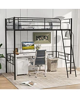 Skonyon Twin Metal Loft Bed Frame with Ladder and Metal Slats Support-Black