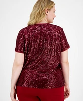 Anne Klein Plus Sequinned Mesh-Trim Short-Sleeve Top