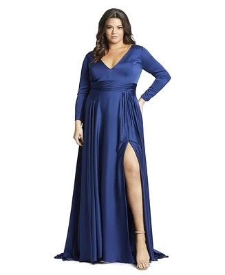 Women's Plus Satin Long Sleeve V Neck Draped Gown