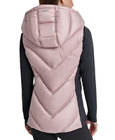 Dkny Women's Hooded Puffer Vest with Contrast Scuba and Teddy Faux Fur Collar