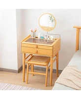 Sugift Bamboo Makeup Vanity Table with Stool and Rotating Mirror