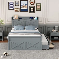 Full Size Wooden Storage Bed with Twin Trundle and Outlets