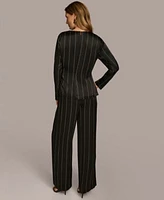 Donna Karan New York Pinstripe Satin Tie Front Shirt Wide Leg Pants