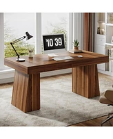 Tribesigns 55 Inches Executive Desk, Mid-Century Modern Home Office Desk with Double Trapezoid Base, Wood Computer Desk Business Workstation Desk Smal