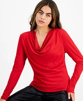 Bar Iii Petite Long-Sleeve Knit Cowlneck Top, Created for Macy's