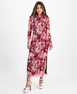 Bar Iii Petite Printed Mesh Mock-Neck Midi Dress, Created for Macy's