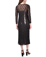 CeCe Women's Lace-Over-Metallic Long-Sleeve Midi Dress