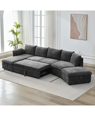 Simplie Fun Movable Ottoman L-Shape Sectional Sofa with Storage and Usb Ports