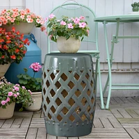 Woven Lattice Ceramic Garden Stool in Green