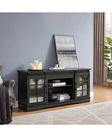 Sliding Door Tv Stand with Sliding Glass Doors, Charcoal Grey