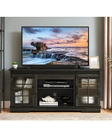 Simplie Fun Sliding Door Tv Stand with Sliding Glass Doors, Charcoal Grey