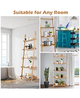 Skonyon 5-Tier Ladder Shelf Bamboo Bookshelf Wall-Leaning Storage Display Plant Stand-Natural