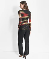 Dkny Petite Asymmetrical Ruched Abstract-Print Top