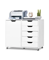 Skonyon 5-Drawer Dresser Chest Mobile Storage Cabinet with Door-White