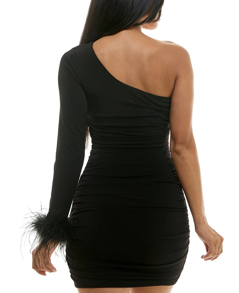City Studios Juniors' Asymmetric One-Sleeve Feather-Trim Ruched Bodycon Dress