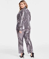 I.N.C. International Concepts Plus Size Sequined Blazer Asymmetrical Neck Metallic Foil Top Sequined Straight Leg Pants Created For Macys