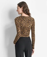 Dkny Women's Animal-Print Ruched Crewneck Long-Sleeve Top