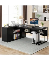 Tribesigns 71 inch Executive Desk, L Shaped Desk with Cabinet Storage, Office Shelves, Business Furniture Workstation for Hom