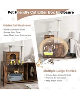 Costway 2-in-1 Wooden Litter Box Enclosure with Cat Tree Hidden Washroom Furniture