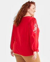 Style & Co Plus Size Embroidered Tie-Neck Knit Top, Created for Macy's