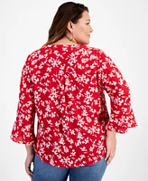 Style & Co Plus Size Printed V-Neck Pintuck 3/4-Sleeve Top, Created for Macy's