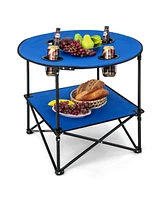 Gymax 2-Tier Foldable Camping Table with Carrying Bag 4 Cup Holders for Bbq Camping