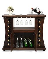Gymax Rolling Buffet Sideboard Wooden Bar Storage Cabinet w/ Wine Rack & Glass Holder