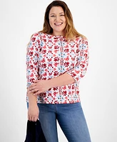 Style & Co Plus Printed Cotton Boat-Neck 3/4-Sleeve Top