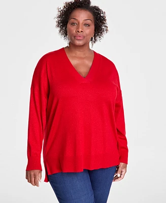 I.n.c. International Concepts Plus Size Metallic-Knit V-Neck Sweater, Created for Macy's