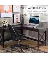 57" L-Shaped Corner Desk, Computer Home Office Desk and Writing Table, Brown