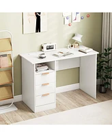 Skonyon Home Office Desk with Power Outlet 3 Storage Drawers and Open Compartment-White