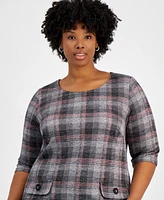 Connected Plus 3/4-Sleeve Plaid Sheath Dress