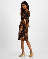 Connected Petite Floral Flounce-Sleeve Sheath Dress