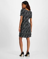 Connected Petite Tiered Pleated Short-Sleeve Sheath Dress