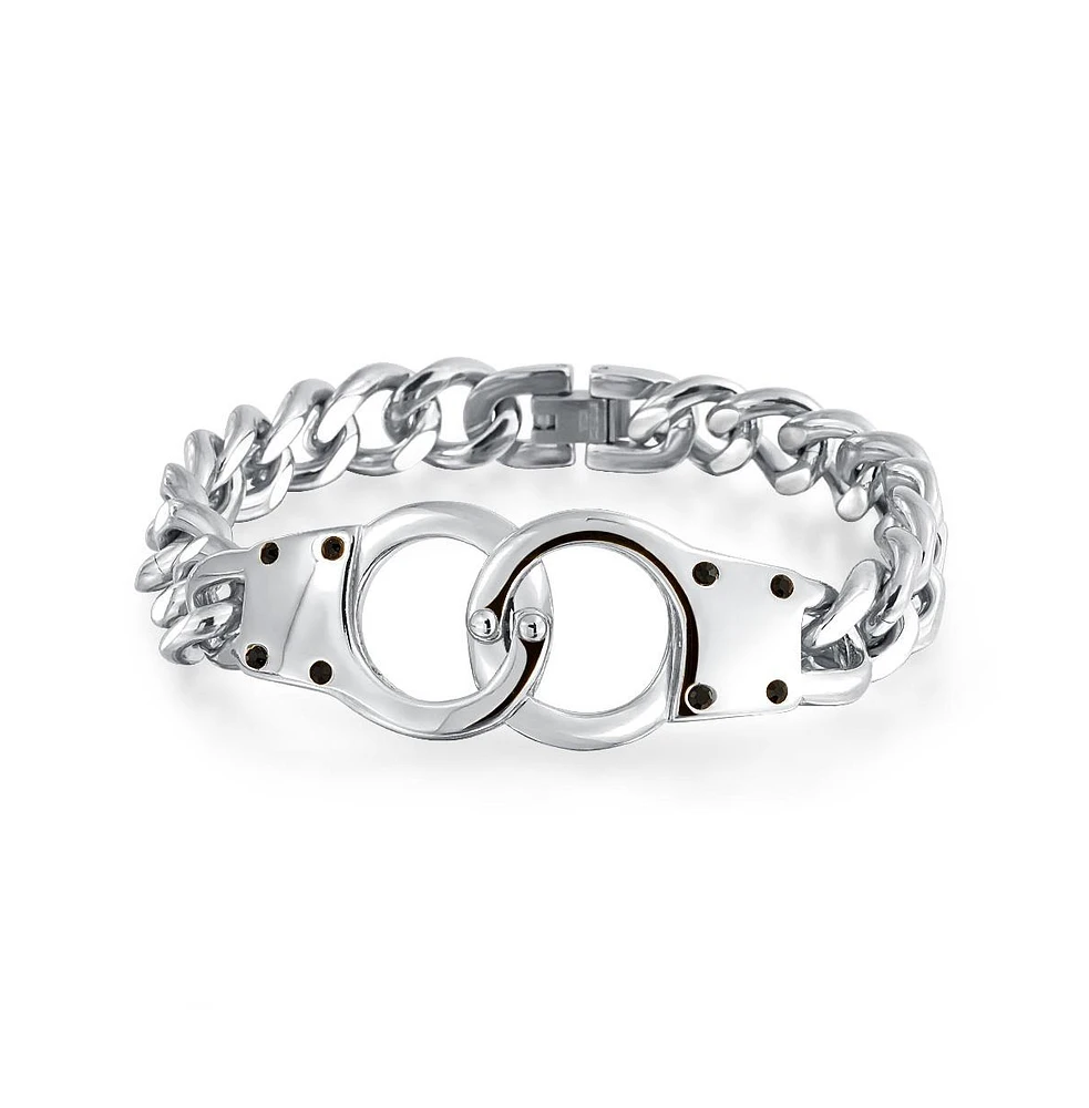 Bling Jewelry Biker Jewelry Interlocking Handcuff Bracelet with Padlock Curb Chain Stainless Steel
