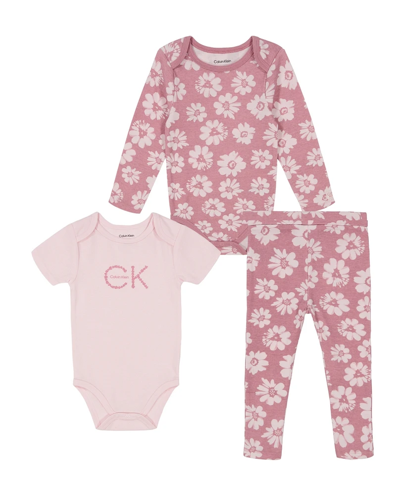 Calvin Klein Baby Girl Floral Set: Long sleeve Bodysuit short Logo Knit Pants