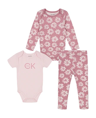 Calvin Klein Baby Girl Floral Set: Long sleeve Bodysuit short Logo Knit Pants