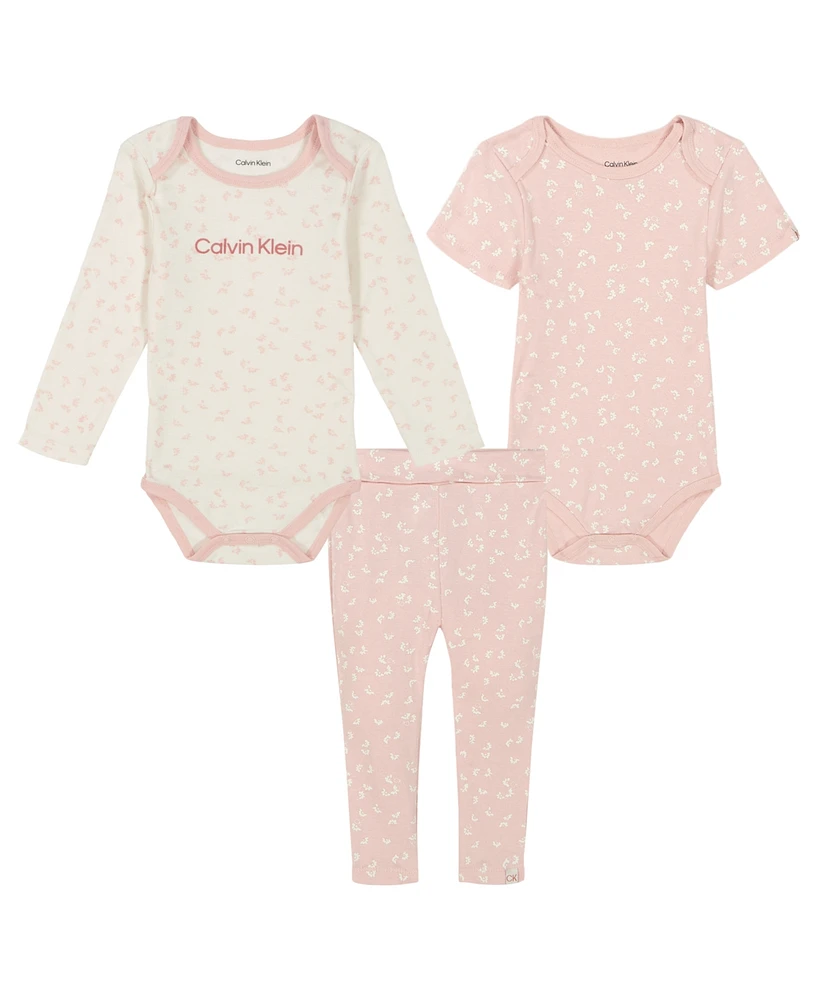 Calvin Klein Baby Girl Two-Tone Floral Set: Long Sleeve Bodysuit Short Knit Pants