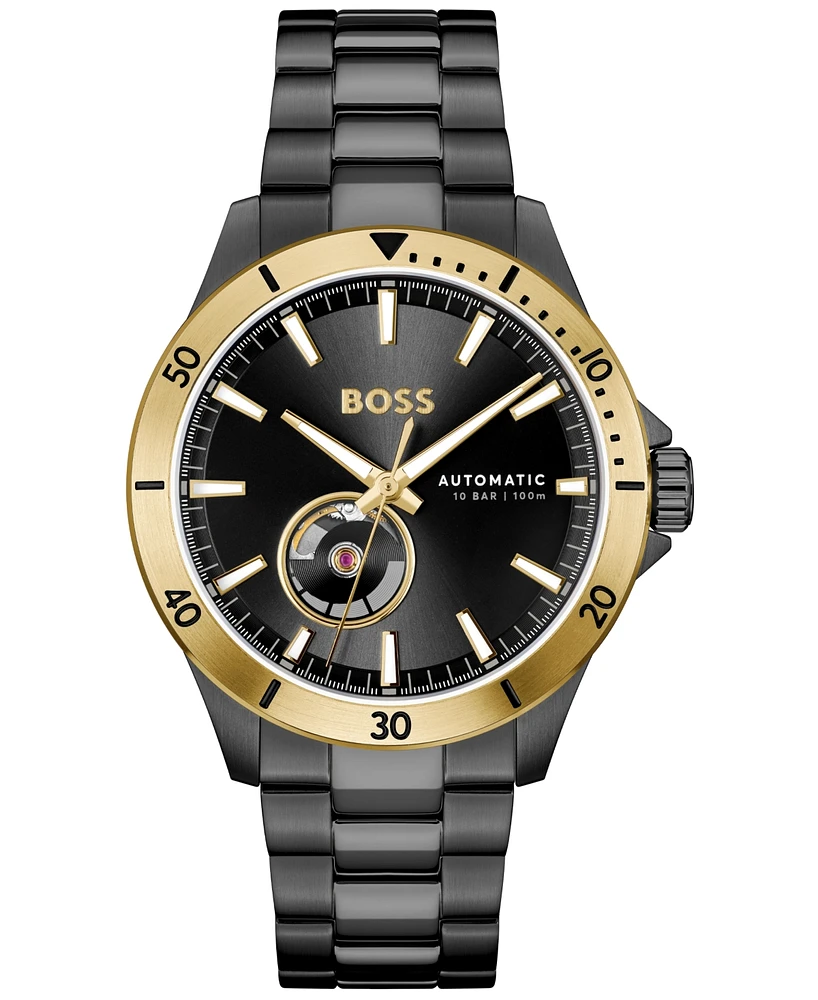 Hugo Boss Men's Troper Auto Mech-Automatic Ionic Plated Black Steel Watch 43mm