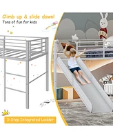 Gymax Twin Metal Loft Bed with Slide Guardrails Built-in Ladder Low Bed Frame Silver