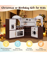 Costway Corner Play Kitchen with Ice Maker Microwave Oven for Kids 3+ Years Old Wooden Toy