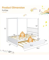 Gymax Full Size Canopy Bed with Trundle Wooden Platform Bed Frame Headboard Grey