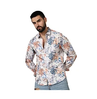 Campus Sutra Men's Prussian Blue & Sienna Brown Tropical Palm Shirt