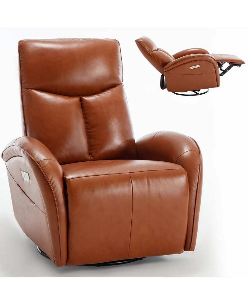 Mondawe Blue Leatheraire Swivel and Rocker Power Recliner Chair with Lumbar Support Usb Type-c