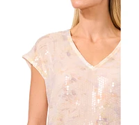 CeCe Women's Sequined Floral Print V-Neck Cap-Sleeve Blouse