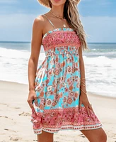 Cupshe Women's Pink & Aqua Sleeveless Square Neck Mini Beach Dress