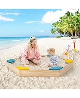 Costway Outdoor Wooden Sandbox with Seats Backyard Bottomless Sandpit for Kids