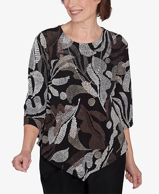 Alfred Dunner Petite Classics Textured Leaf Top with Necklace