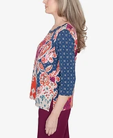 Alfred Dunner Petite Classics Paisley Patchwork Knotted Crew Neck Top